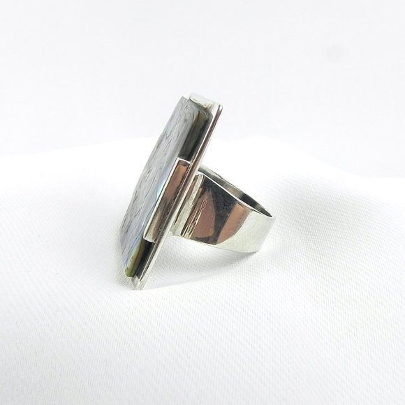 Silver Abalone Ring | 925 Silver Large Chunky Rectangular Accent Ring - Picture 5 of 11